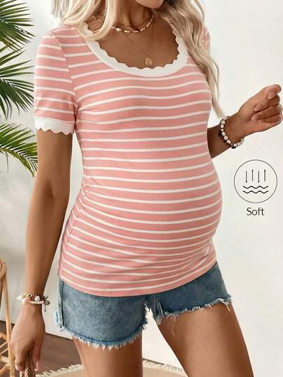 Maternity Square Neck Striped Short Sleeve Slim Fit T-Shirt - Comfortable Cotton Summer Pregnancy Top in Multicolor
