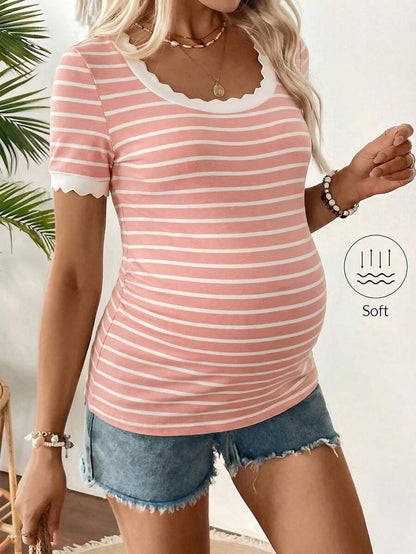 Maternity Square Neck Striped Short Sleeve Slim Fit T-Shirt - Comfortable Cotton Summer Pregnancy Top in Multicolor