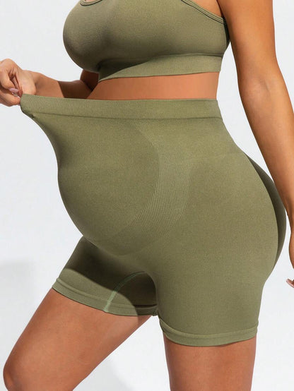 Maternity Olive Green Floral Spaghetti Strap Micro Crop Top and High Waist Biker Shorts 2-Piece Activewear Set