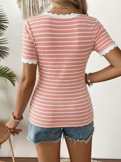 Maternity Square Neck Striped Short Sleeve Slim Fit T-Shirt - Comfortable Cotton Summer Pregnancy Top in Multicolor