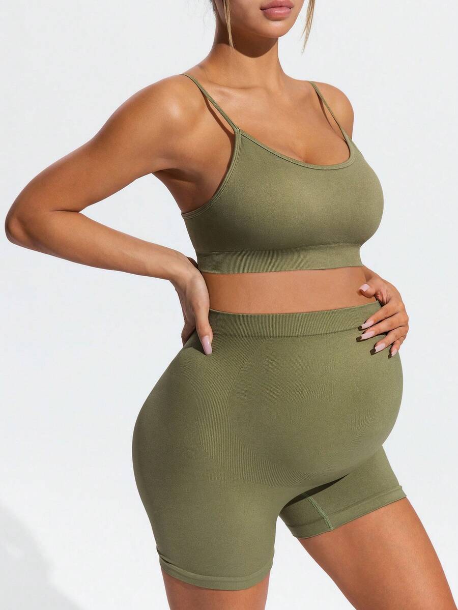 Maternity Olive Green Floral Spaghetti Strap Micro Crop Top and High Waist Biker Shorts 2-Piece Activewear Set
