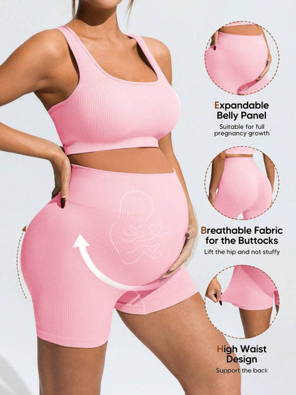 Maternity Sports Set - Cross-Back Bra & High Waist Shorts, Textured, Slim Fit, Green