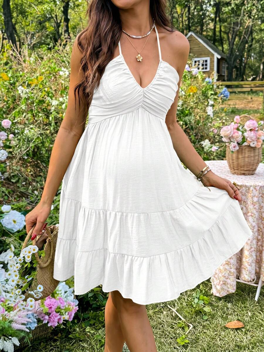 Maternity Vacation Solid Color Ruffle Hem Halter Neck Dress Green Maternity Dress Baby Shower Maternity Sundress Green Sundress Green Summer Dress Green Vacation Dress