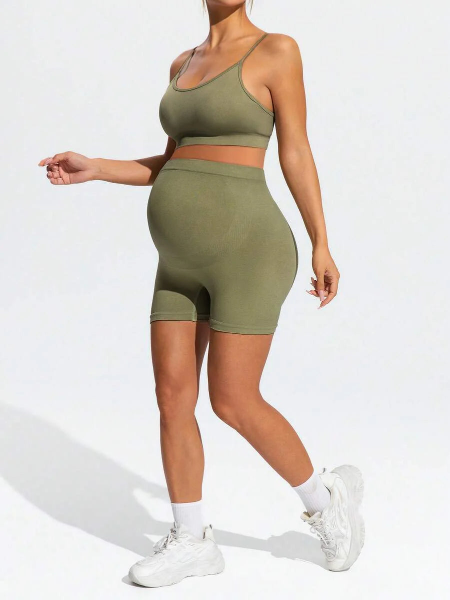 Maternity Olive Green Floral Spaghetti Strap Micro Crop Top and High Waist Biker Shorts 2-Piece Activewear Set