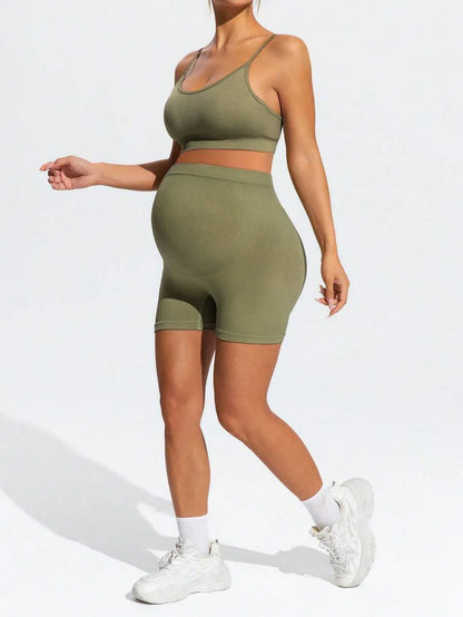 Maternity Olive Green Floral Spaghetti Strap Micro Crop Top and High Waist Biker Shorts 2-Piece Activewear Set