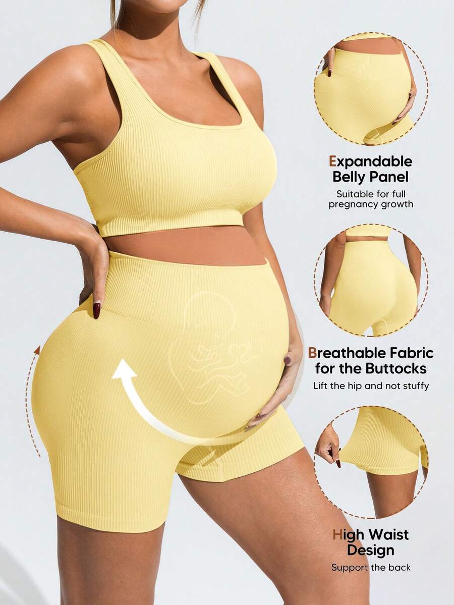 Maternity Sports Set - Cross-Back Bra & High Waist Shorts, Textured, Slim Fit, Green