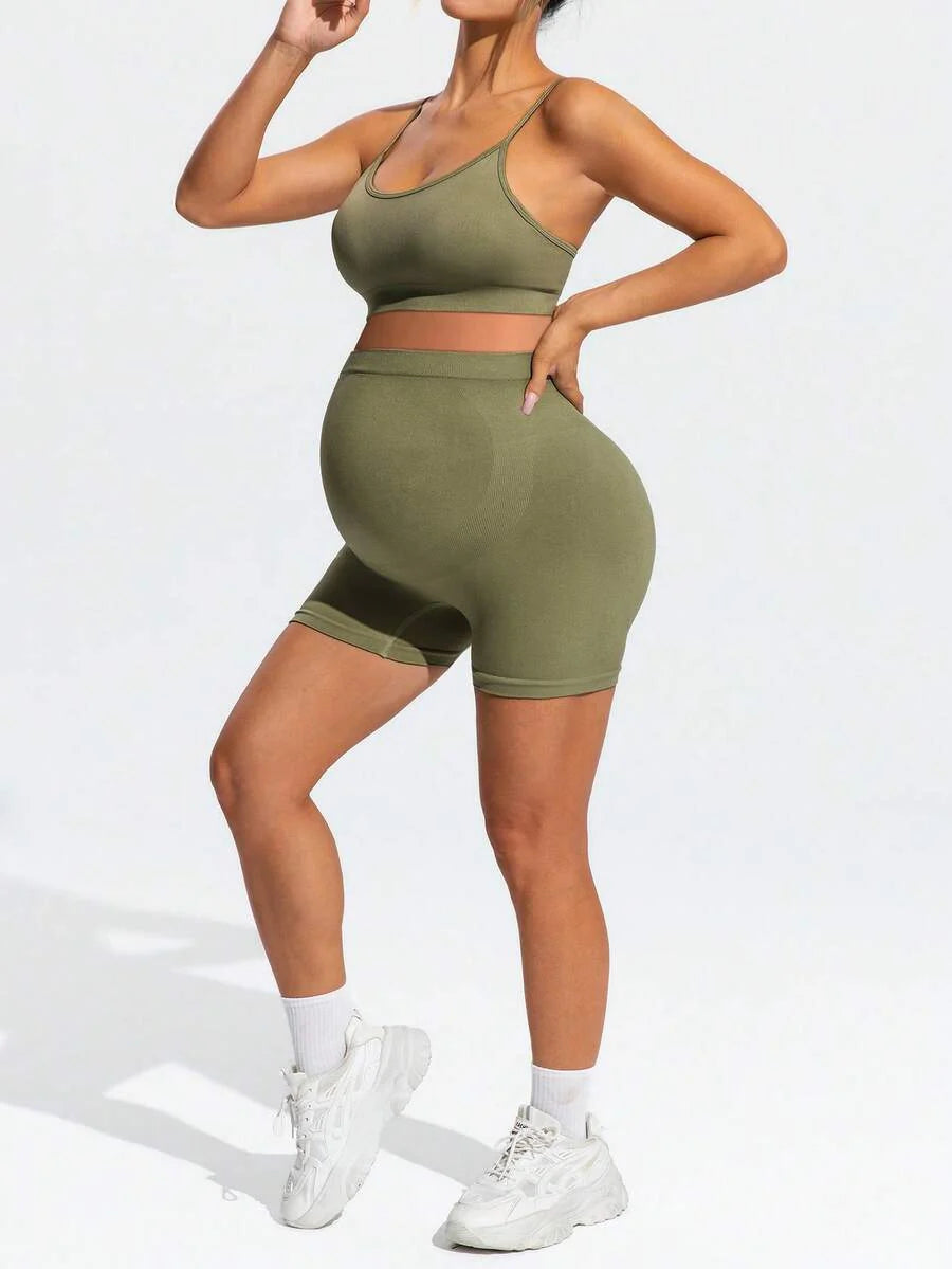 Maternity Olive Green Floral Spaghetti Strap Micro Crop Top and High Waist Biker Shorts 2-Piece Activewear Set