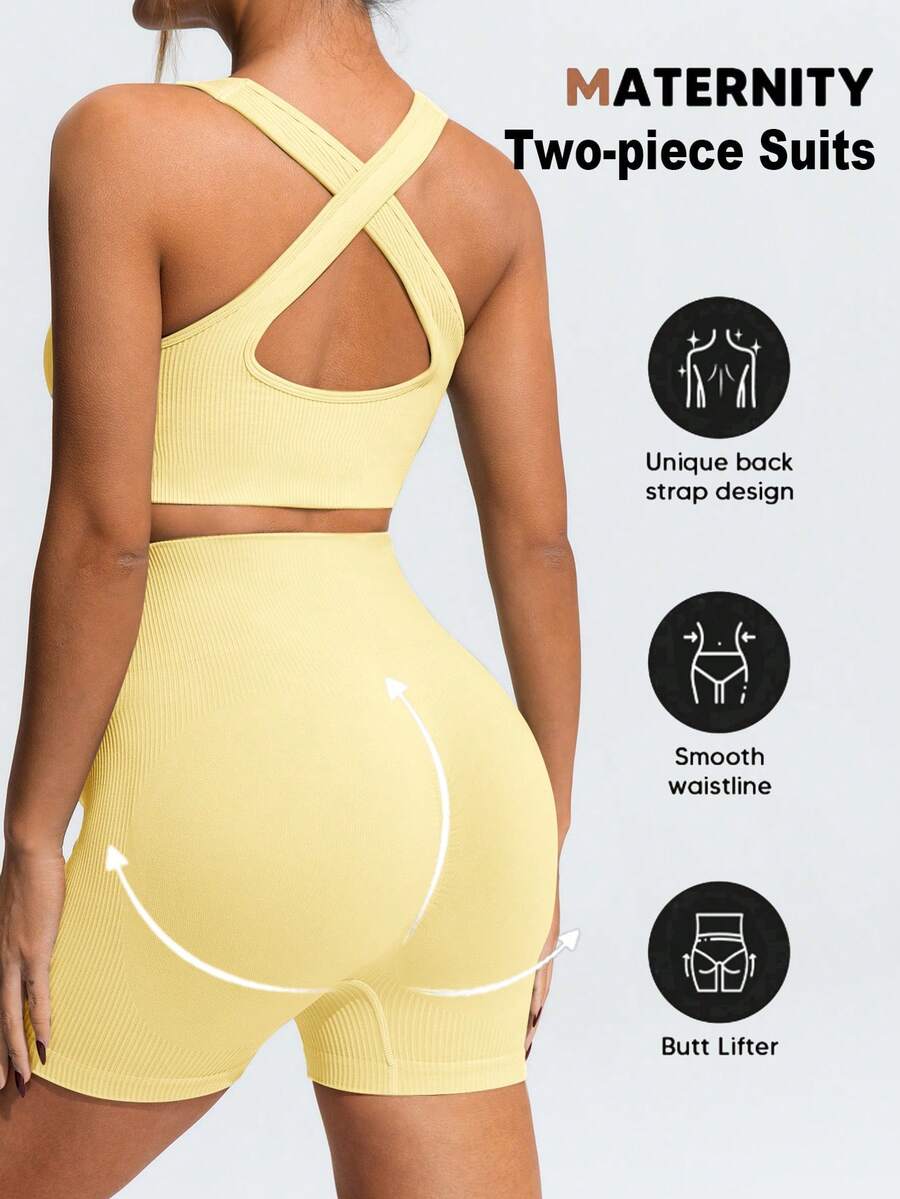 Maternity Sports Set - Cross-Back Bra & High Waist Shorts, Textured, Slim Fit, Green