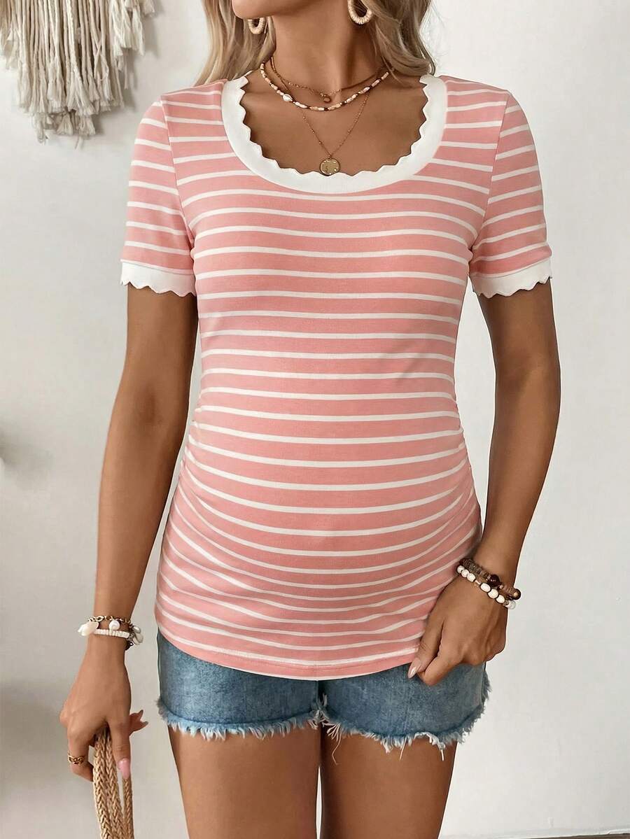 Maternity Square Neck Striped Short Sleeve Slim Fit T-Shirt - Comfortable Cotton Summer Pregnancy Top in Multicolor