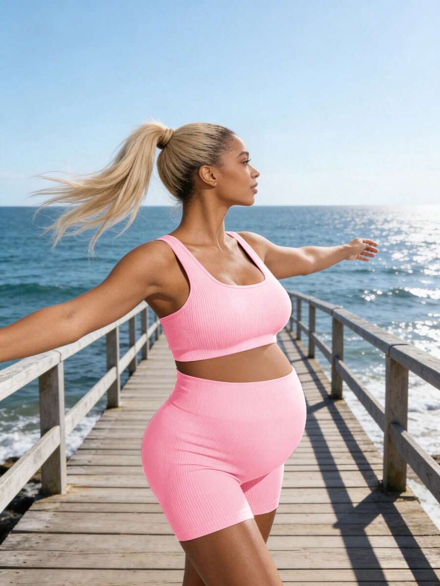 Maternity Sports Set - Cross-Back Bra & High Waist Shorts, Textured, Slim Fit, Green