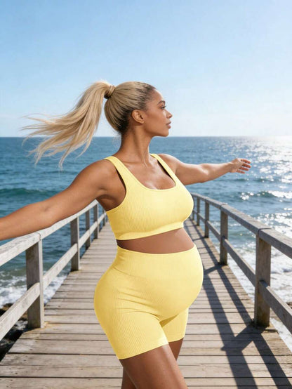 Maternity Sports Set - Cross-Back Bra & High Waist Shorts, Textured, Slim Fit, Green