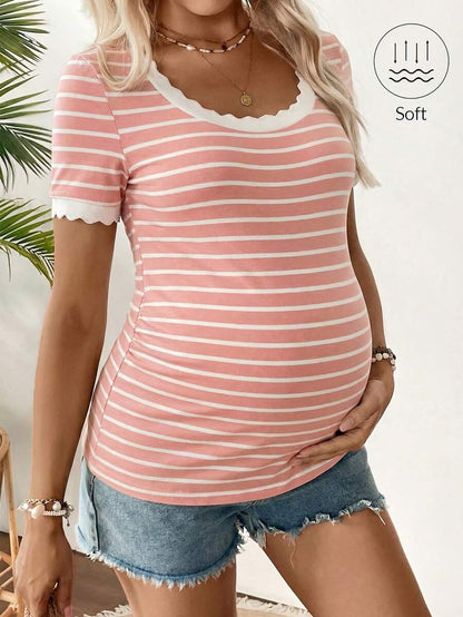 Maternity Square Neck Ribbed Short Sleeve T-Shirt - Slim Fit Cotton Knit Casual Tee with Scallop Trim Details