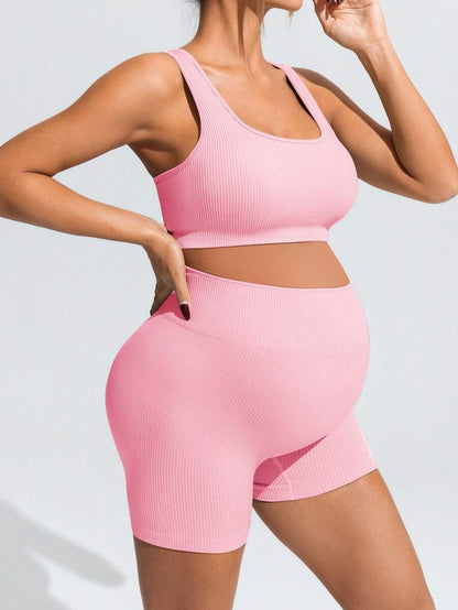 Maternity Sports Set - Cross-Back Bra & High Waist Shorts, Textured, Slim Fit, Green