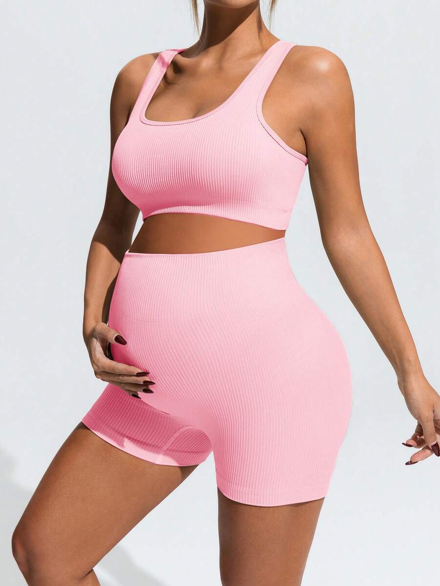 Maternity Sports Set - Cross-Back Bra & High Waist Shorts, Textured, Slim Fit, Green