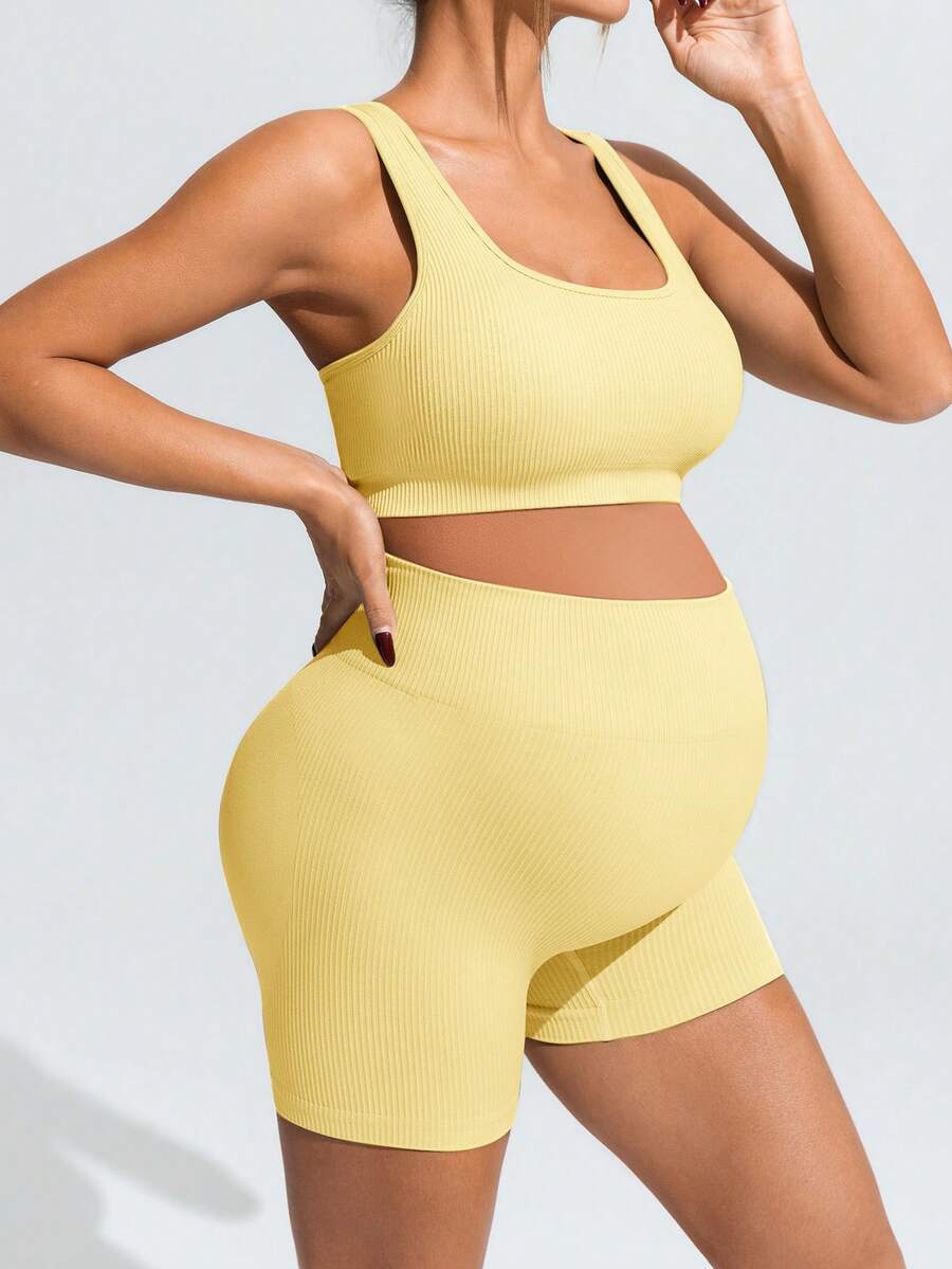 Maternity Sports Set - Cross-Back Bra & High Waist Shorts, Textured, Slim Fit, Green