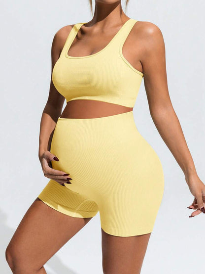 Maternity Sports Set - Cross-Back Bra & High Waist Shorts, Textured, Slim Fit, Green