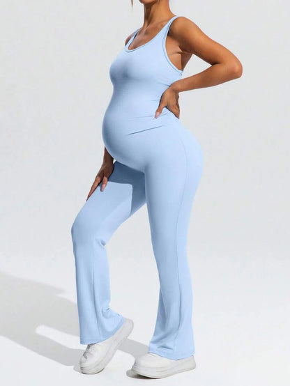 Solid Color Maternity Jumpsuit – Casual Adjustable Strap Romper