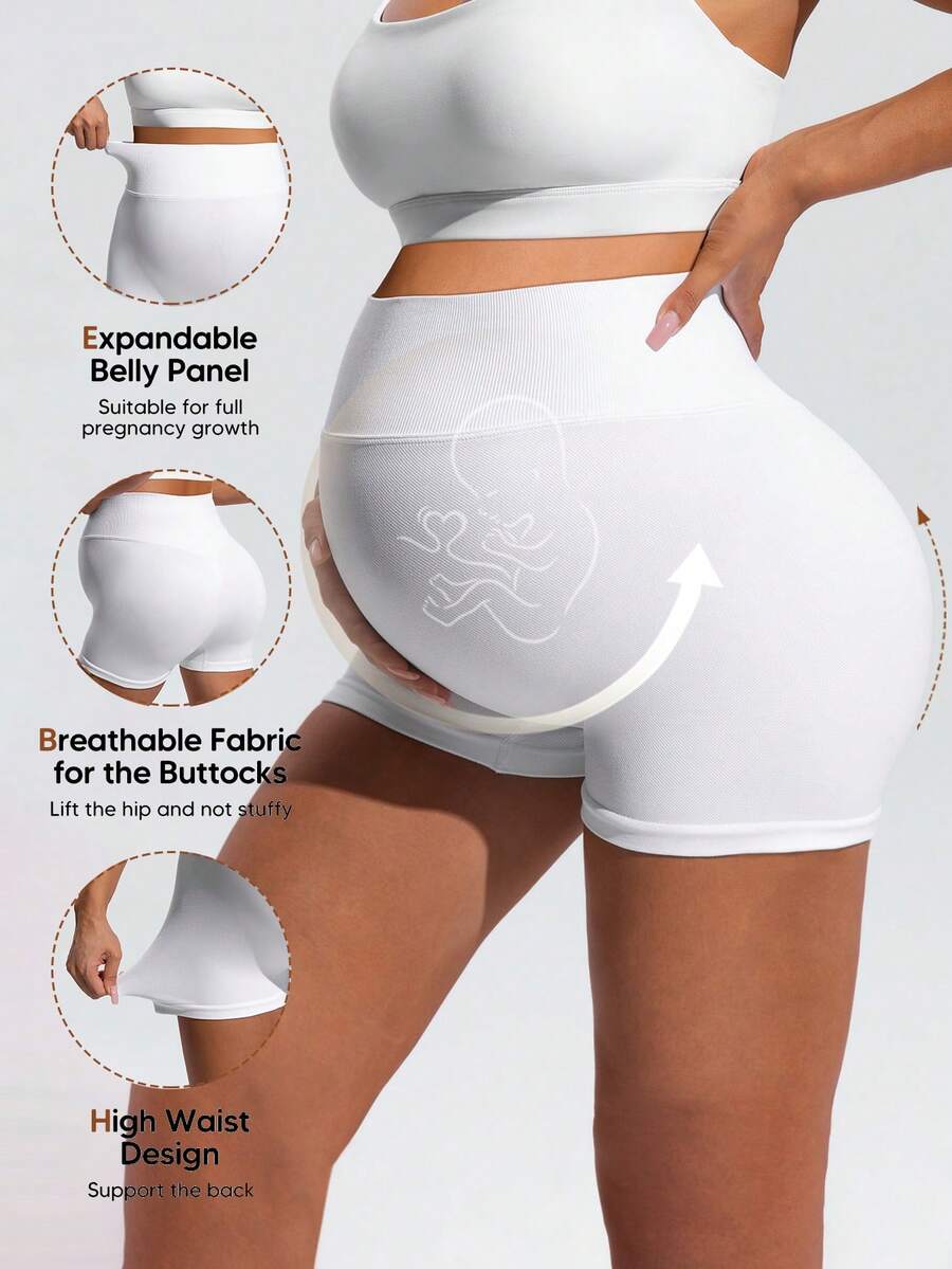 White Plant Print High-Waist Maternity Sports Shorts – High-Stretch Double Waist Athletic Biker Shorts for Summer Fitness & Casual Wear