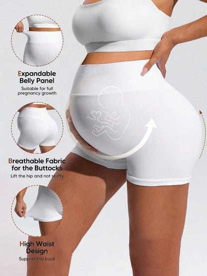 White Plant Print High-Waist Maternity Sports Shorts – High-Stretch Double Waist Athletic Biker Shorts for Summer Fitness & Casual Wear