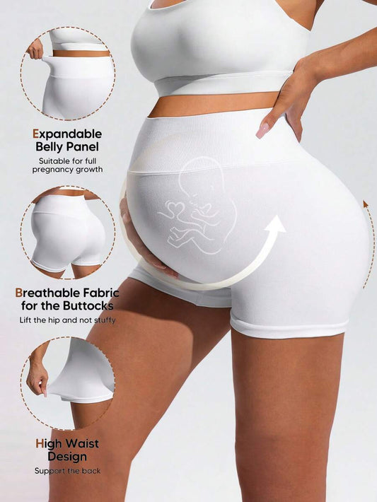 White Plant Print High-Waist Maternity Sports Shorts – High-Stretch Double Waist Athletic Biker Shorts for Summer Fitness & Casual Wear