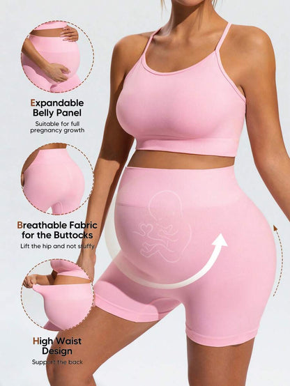 Maternity Animal Print Camisole and Mini Shorts Set Pink High Stretch Spaghetti Strap Slim Fit Summer Two Piece Sports Outfit