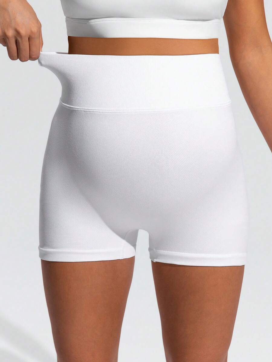 White Plant Print High-Waist Maternity Sports Shorts – High-Stretch Double Waist Athletic Biker Shorts for Summer Fitness & Casual Wear