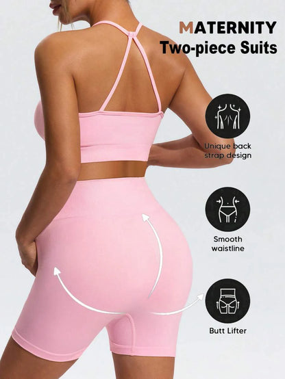Maternity Animal Print Camisole and Mini Shorts Set Pink High Stretch Spaghetti Strap Slim Fit Summer Two Piece Sports Outfit