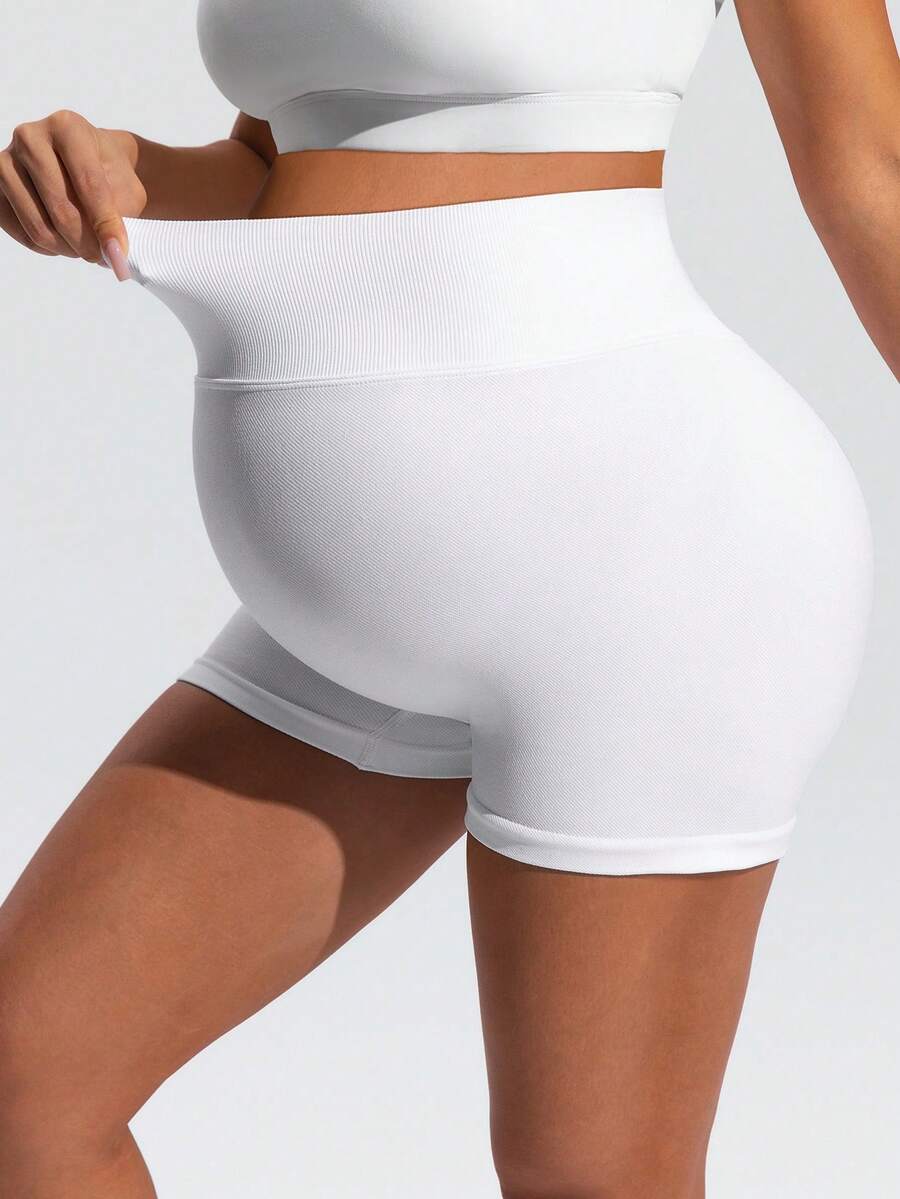 White Plant Print High-Waist Maternity Sports Shorts – High-Stretch Double Waist Athletic Biker Shorts for Summer Fitness & Casual Wear
