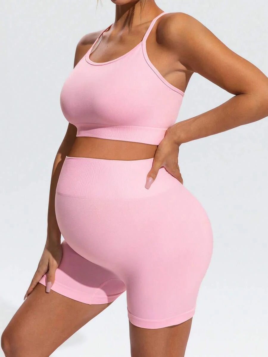 Maternity Animal Print Camisole and Mini Shorts Set Pink High Stretch Spaghetti Strap Slim Fit Summer Two Piece Sports Outfit