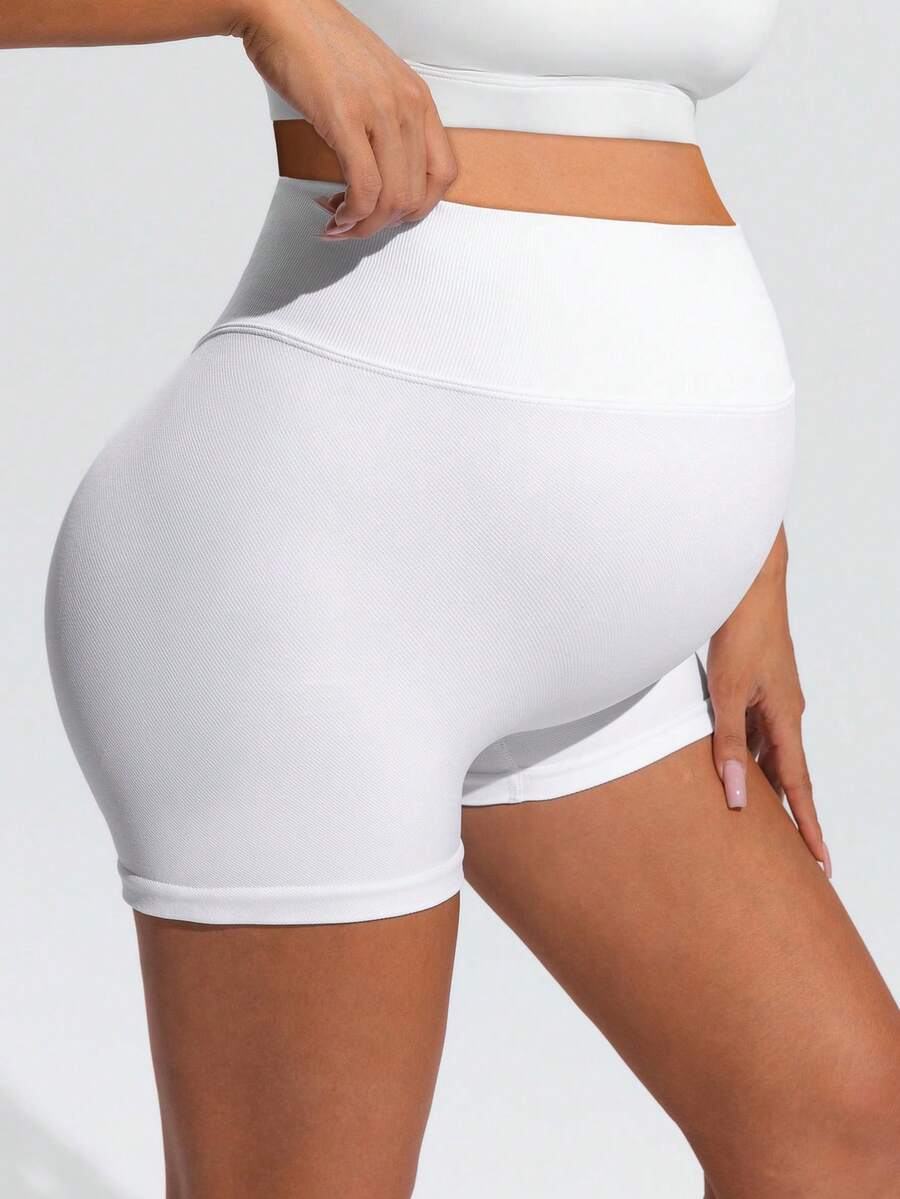 White Plant Print High-Waist Maternity Sports Shorts – High-Stretch Double Waist Athletic Biker Shorts for Summer Fitness & Casual Wear
