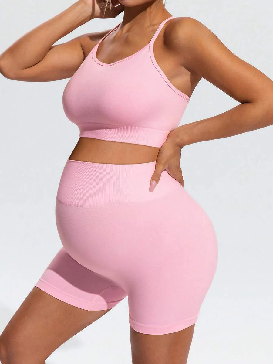 Maternity Animal Print Camisole and Mini Shorts Set Pink High Stretch Spaghetti Strap Slim Fit Summer Two Piece Sports Outfit