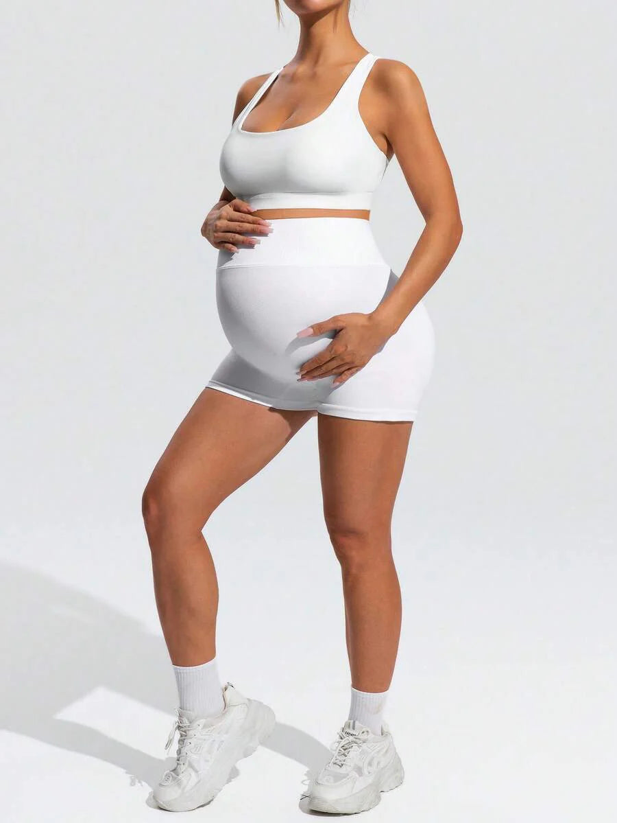 White Plant Print High-Waist Maternity Sports Shorts – High-Stretch Double Waist Athletic Biker Shorts for Summer Fitness & Casual Wear