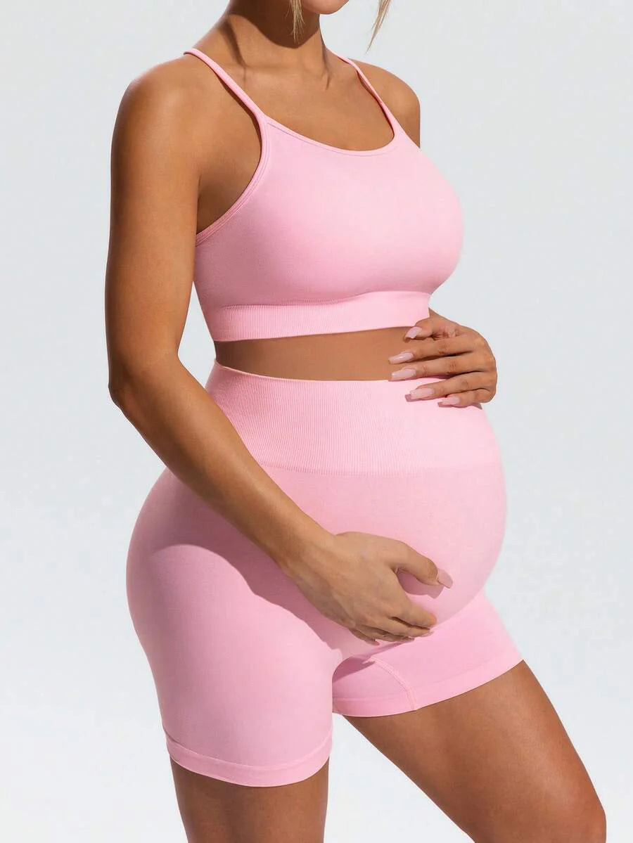 Maternity Animal Print Camisole and Mini Shorts Set Pink High Stretch Spaghetti Strap Slim Fit Summer Two Piece Sports Outfit