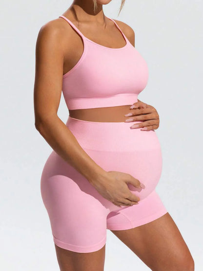 Maternity Animal Print Camisole and Mini Shorts Set Pink High Stretch Spaghetti Strap Slim Fit Summer Two Piece Sports Outfit