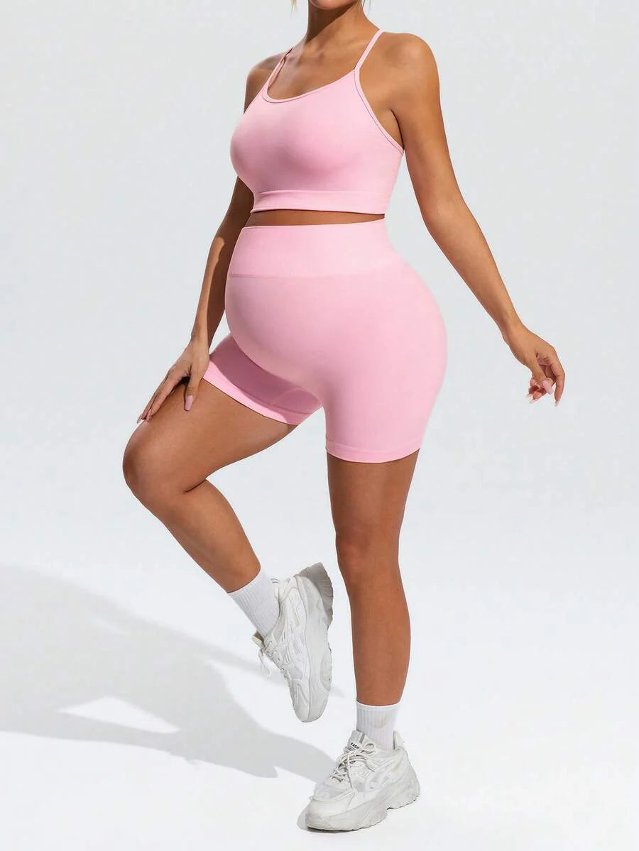 Maternity Animal Print Camisole and Mini Shorts Set Pink High Stretch Spaghetti Strap Slim Fit Summer Two Piece Sports Outfit