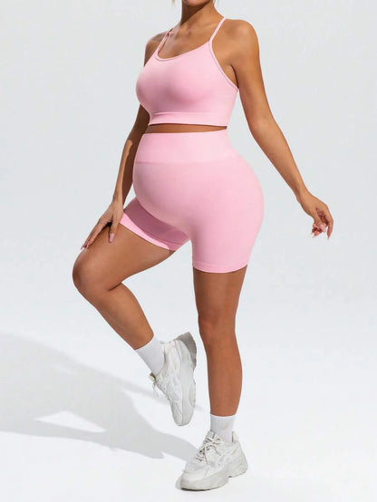 Maternity Animal Print Camisole and Mini Shorts Set Pink High Stretch Spaghetti Strap Slim Fit Summer Two Piece Sports Outfit