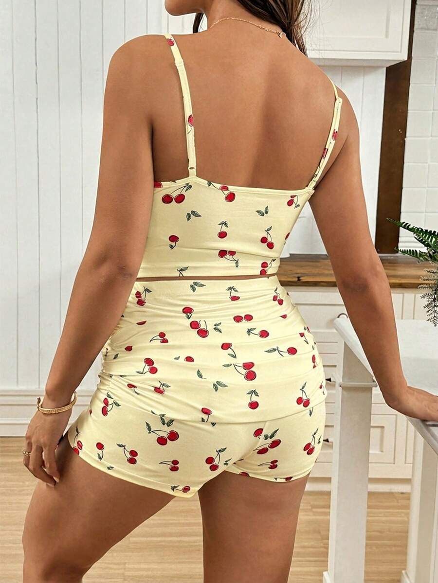 2pcs Maternity Cherry Print Camisole Top And Adjustable Waist Shorts Set World Cup