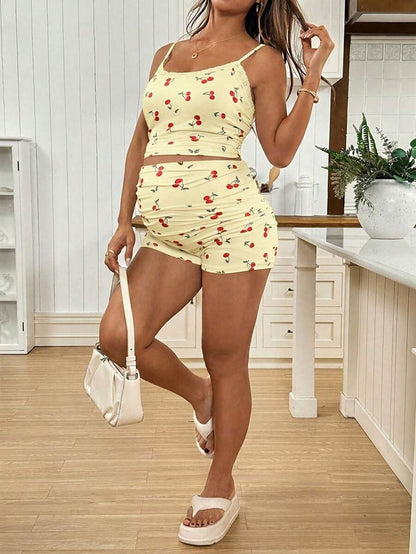 2pcs Maternity Cherry Print Camisole Top And Adjustable Waist Shorts Set World Cup