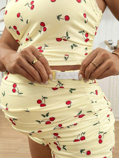 Maternity Contrast Lace Cherry Print Camisole and Ruffle Trim Adjustable Waist Shorts Set - 2 Piece Casual Beachwear