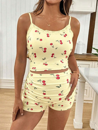 2pcs Maternity Cherry Print Camisole Top And Adjustable Waist Shorts Set World Cup