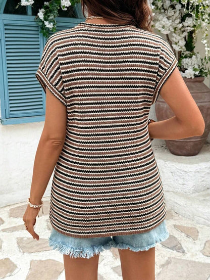 Coffee Brown Striped Round Neck Maternity T-Shirt - Casual Batwing Short Sleeve Padded Shoulder Top for Pregnancy Holiday Outfits