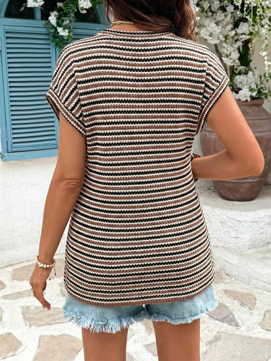 Coffee Brown Striped Round Neck Maternity T-Shirt - Casual Batwing Short Sleeve Padded Shoulder Top for Pregnancy Holiday Outfits