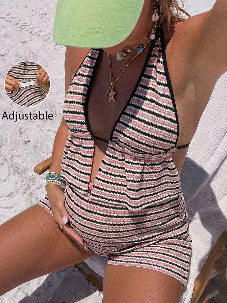 Striped Halter Maternity Two Piece Set Black and White Backless Knitted Crop Top and Mini Shorts Summer Beach Vacation Outfit