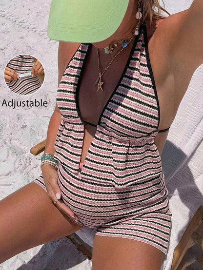 Striped Halter Maternity Two Piece Set Black and White Backless Knitted Crop Top and Mini Shorts Summer Beach Vacation Outfit