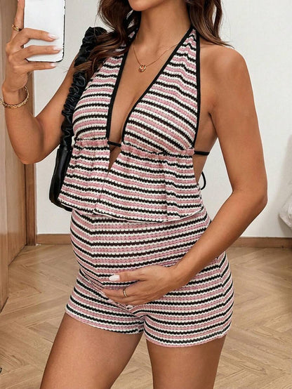 Striped Halter Maternity Two Piece Set Black and White Backless Knitted Crop Top and Mini Shorts Summer Beach Vacation Outfit