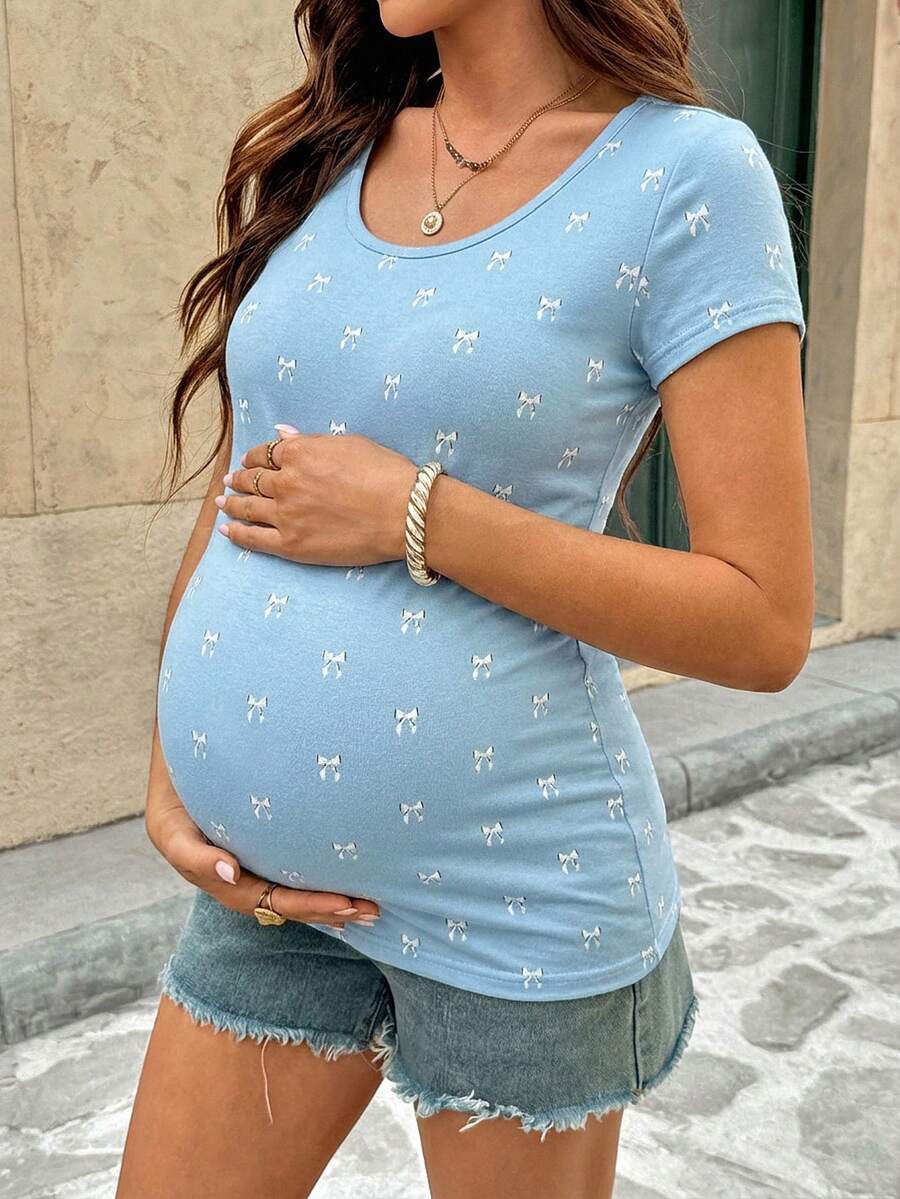 Black Maternity Bow Print Slim Fit T-Shirt with Square Neck and Padded Shoulders Elegant Short Sleeve Knitted Pregnancy Top for Night Out