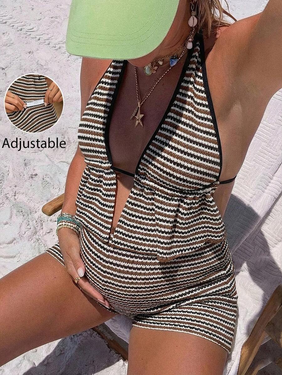 Striped Halter Maternity Two Piece Set Black and White Backless Knitted Crop Top and Mini Shorts Summer Beach Vacation Outfit