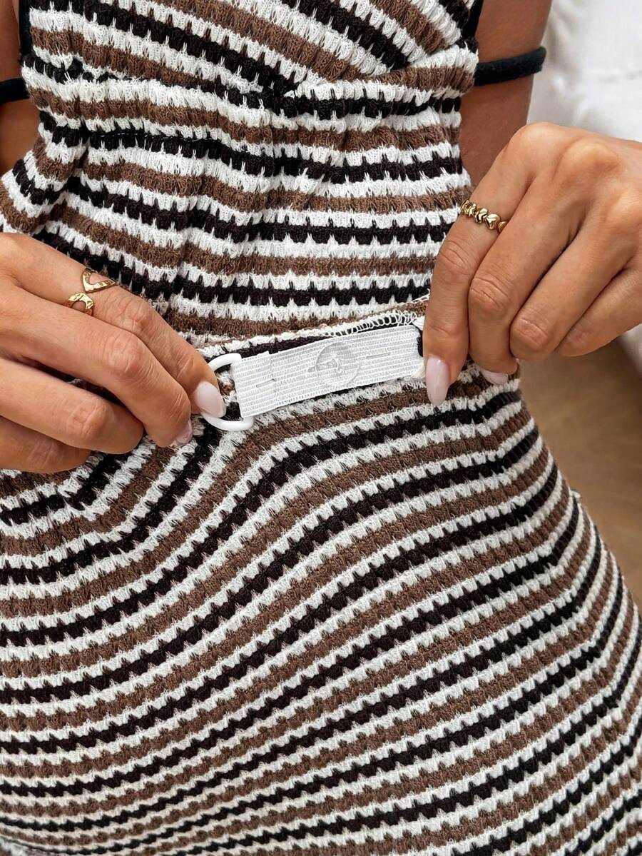 Striped Halter Maternity Two Piece Set Black and White Backless Knitted Crop Top and Mini Shorts Summer Beach Vacation Outfit