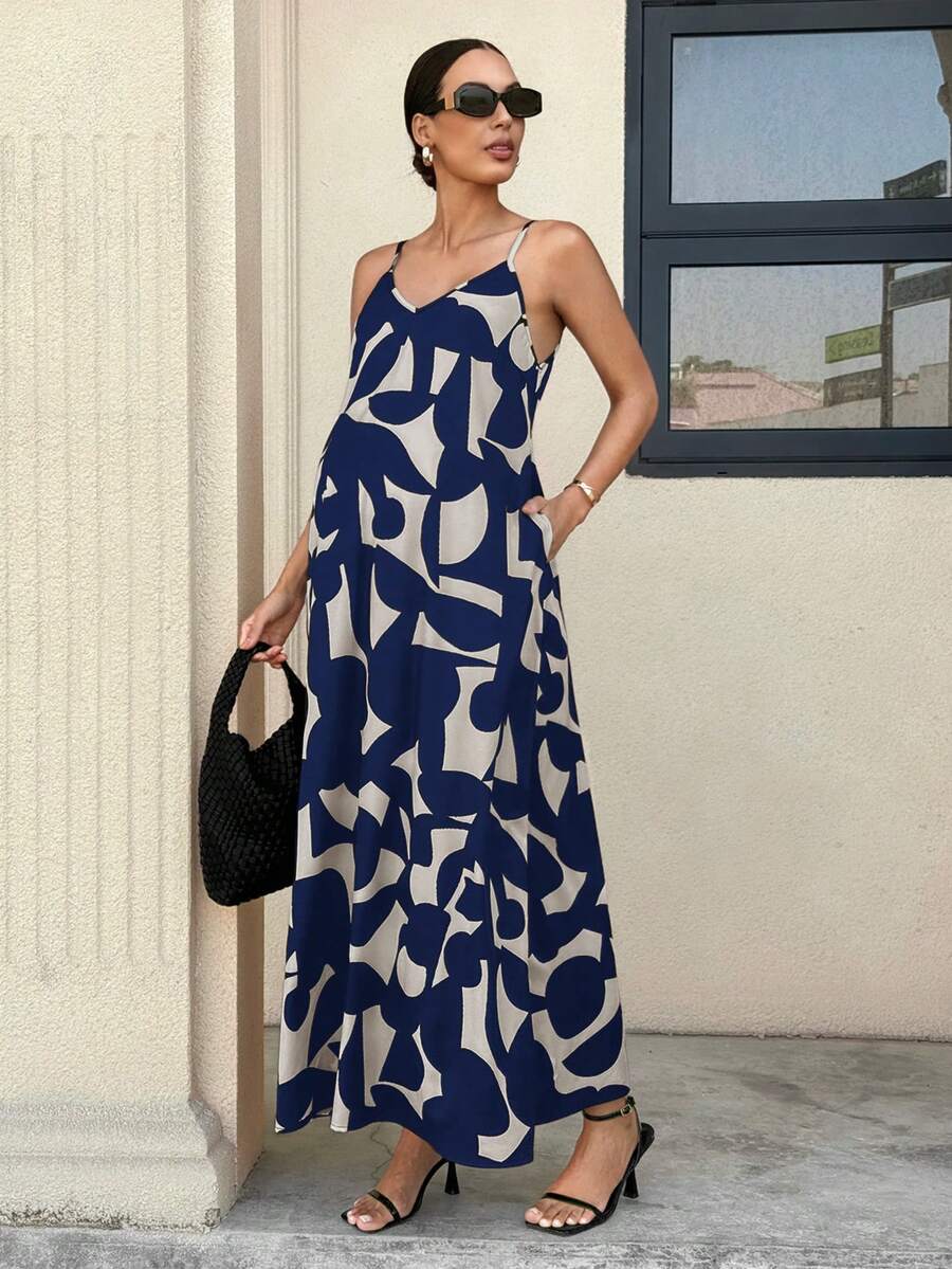 Black and White Geometric Print Maternity Cami Dress - V-Neck Spaghetti Strap Sleeveless Flared Beach Maxi Dress for Pregnancy
