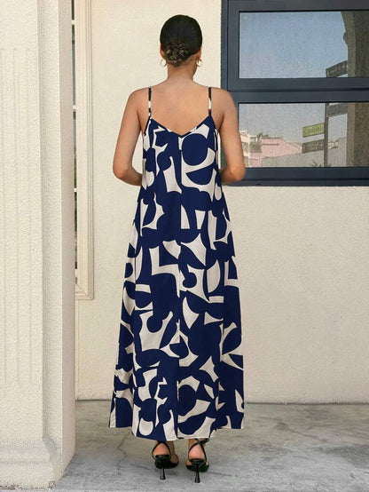 Black and White Geometric Print Maternity Cami Dress - V-Neck Spaghetti Strap Sleeveless Flared Beach Maxi Dress for Pregnancy